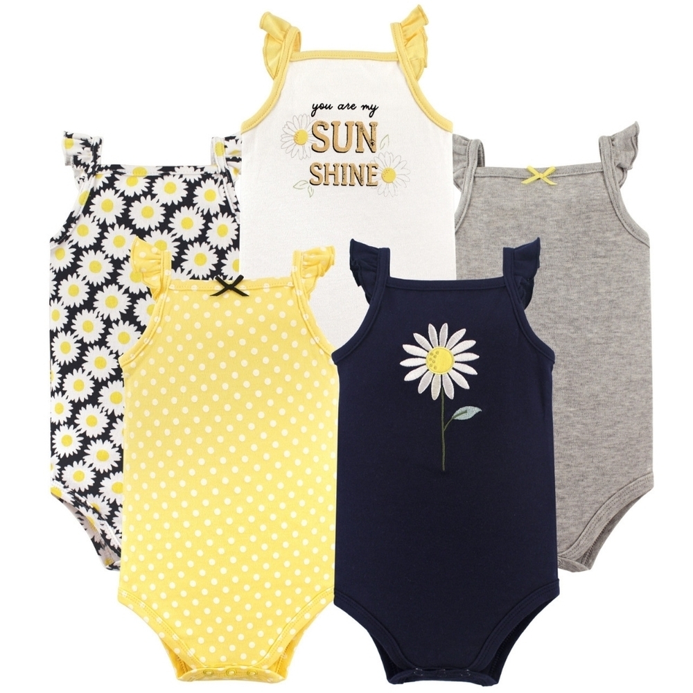 NWT Hudson Baby Navy and Yellow Daisy Bodysuit Set 100% Cotton 5pc 0-3M